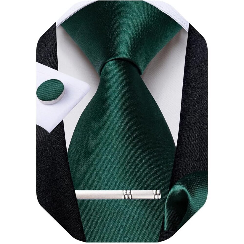 🆕Men Green Plaid Silk Checkered Necktie Pocket Square Cufflinks Tie Clip Set